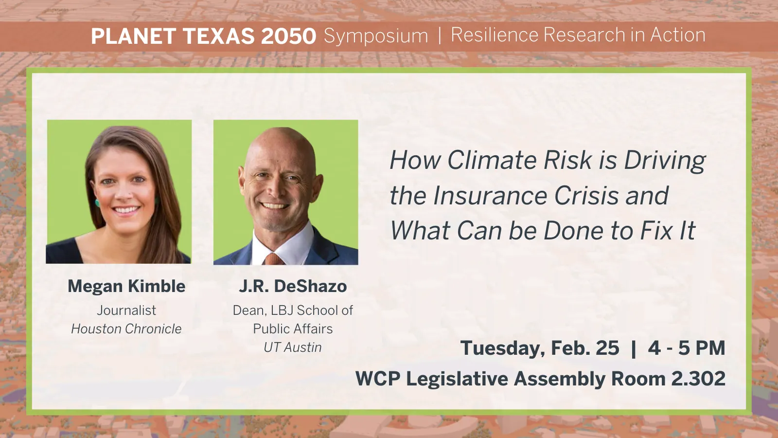 Planet Texas event poster about climate risks driving the insurance crisis