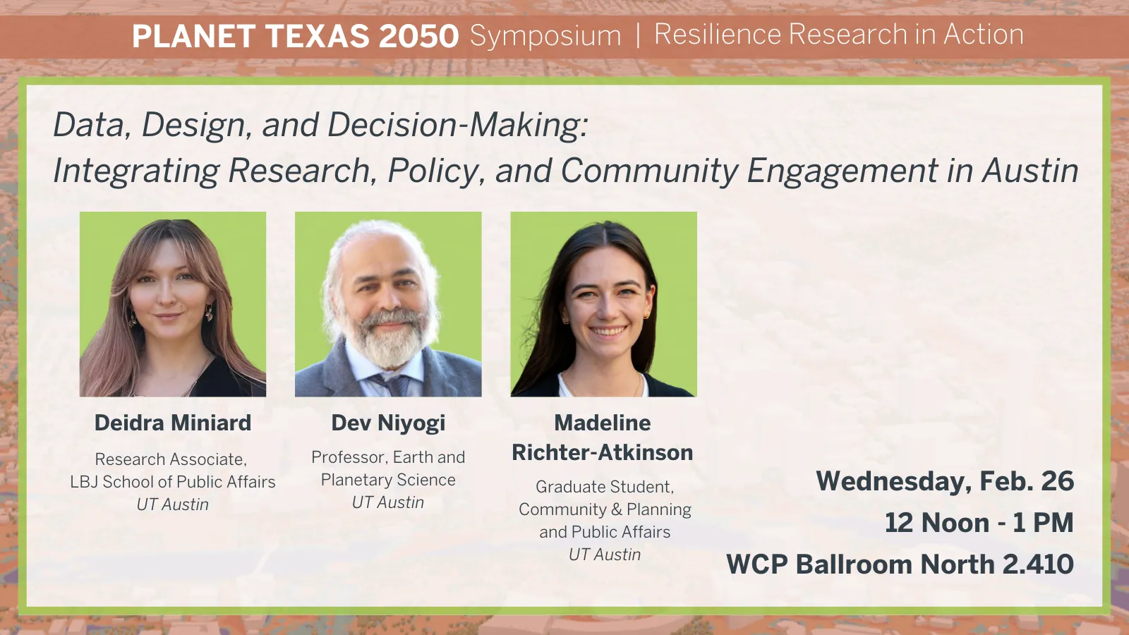 Planet Texas Deidra Poster for event about climate resilience featuring 2 young women and a man