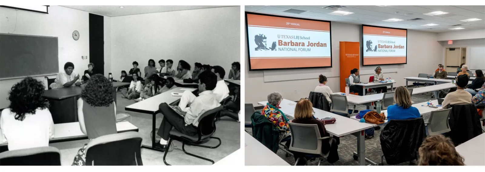 A photo of Barbara Jordan teaching her class compared to a photo of Linda Jenkins teaching the BJNF masterclass