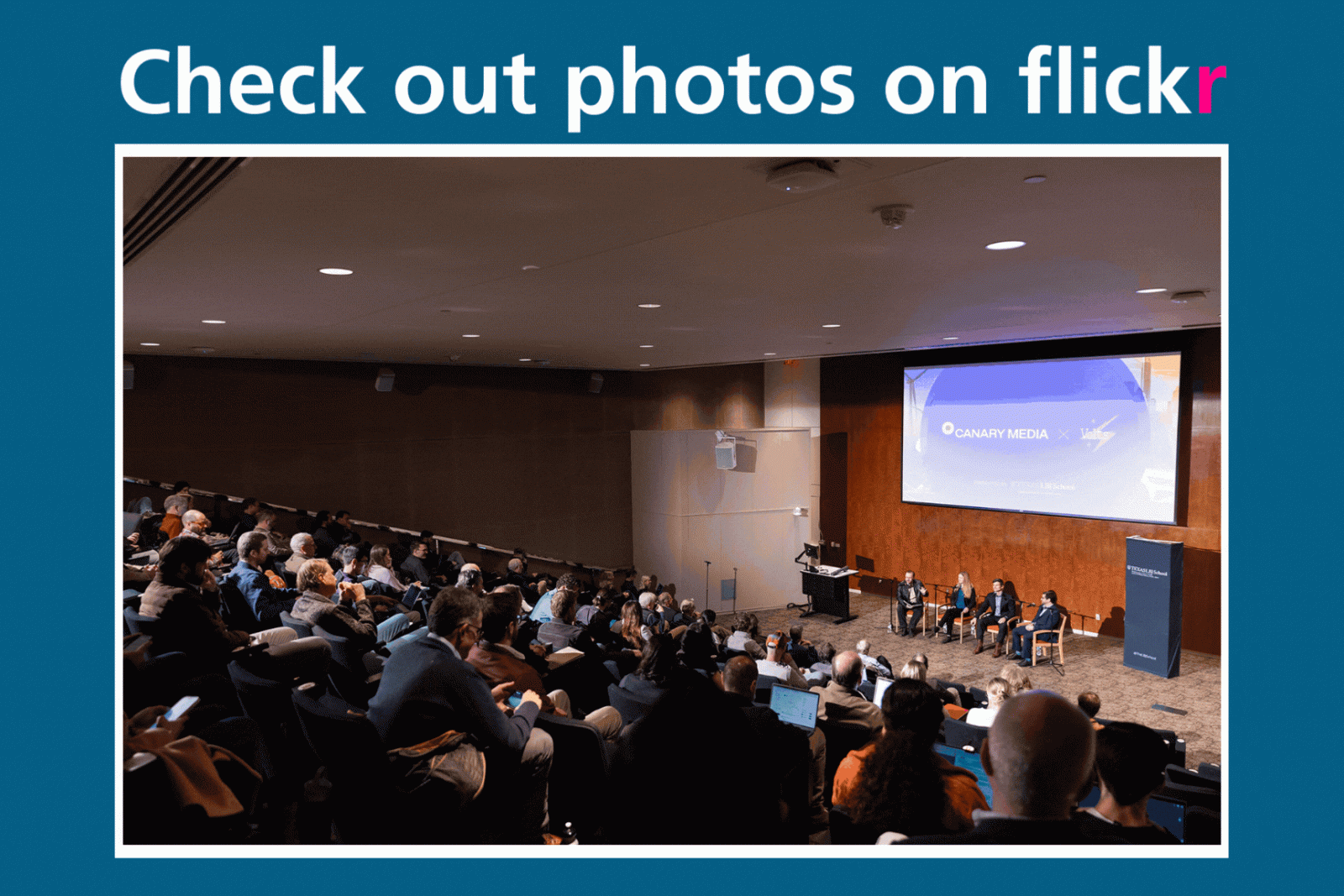 Flickr gif Canary/LBJ Flickr Gif of rotating photos from an event about clean energy, seated crowd, speakers talking at mics, a posed group photo of speakers and LBJ School dean, and a close up of LBJ professor Doug Lewin