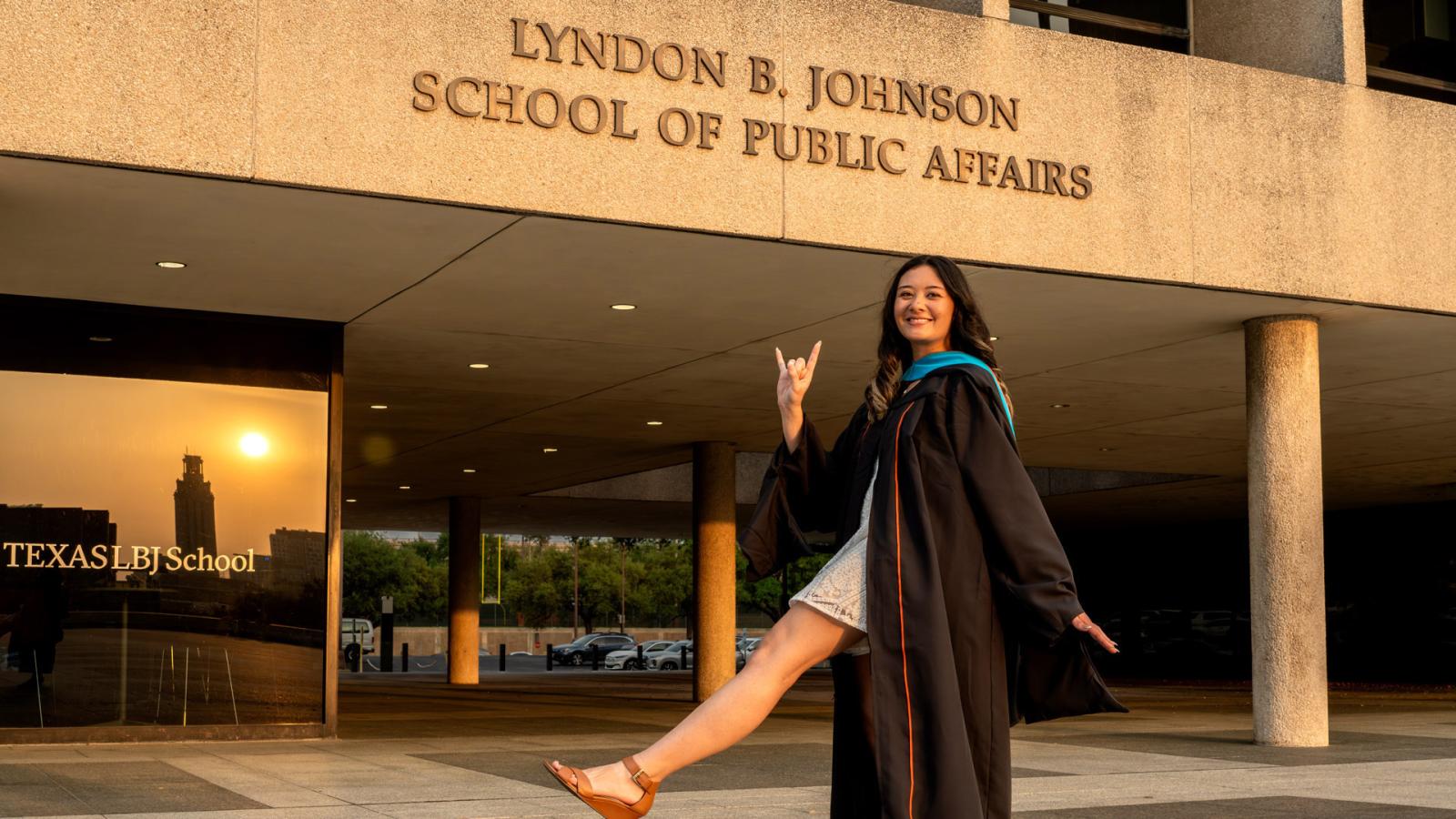 Floridell Berry, upcoming LBJ grad, in front of the LBJ School
