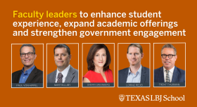 5 faculty member headshots against orange background with text: faculty leaders to enhance student offerings, expand academic offerings and strengthen government engagement