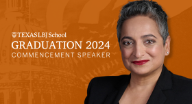Graphic announcing Shamina Singh as the Class of 2024 Commencement Speaker