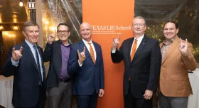 LBJ School Dean JR DeShazo, center, with faculty members Admiral Joseph Maguire, Paul Von Hippel, Paul Pope and Michael Webber