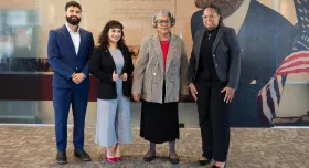 BJNF 2025 student chairs standing in front of LBJ glass with State Rep Senfronia Thompson