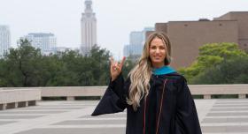 LBJ EMPL Graduate Danielle Thompson in front of Tower