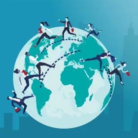 people running around a globe