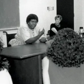 Black and white photo of Barbara Jordan teaching a class