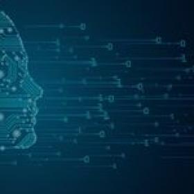 A stylized digital illustration of a human head in profile facing right, composed of small dots and lines like a circuit board, with glowing data streams and binary code flowing outward against a dark blue background.