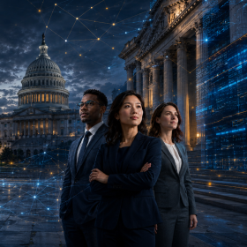 Group of three people in business formal attire stand in front of the U.S. Capitol building and Library of Congress with a tech image overlay