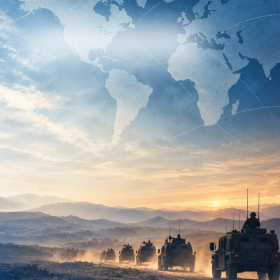 Image showing global map and military figures at bottom