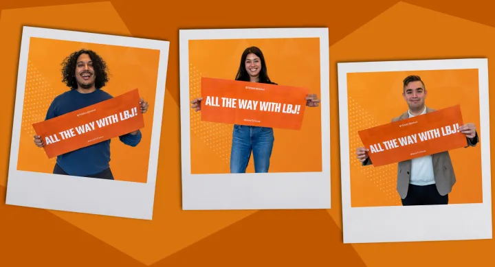 3 students smiling against burnt orange background