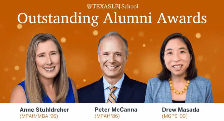 3 LBJ alumni headshots against burnt orange background