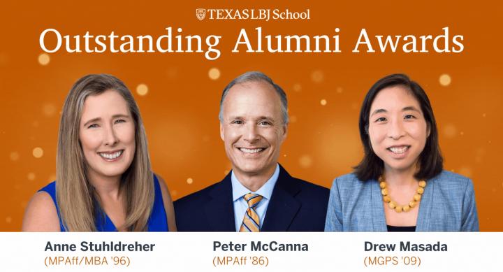 3 LBJ alumni headshots against burnt orange background