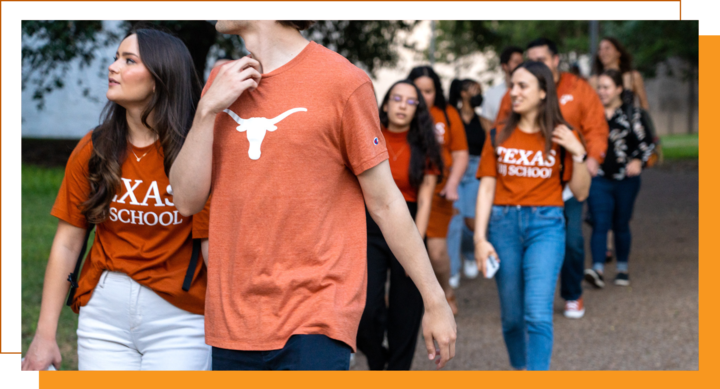 students walking on campus in burnt orange
