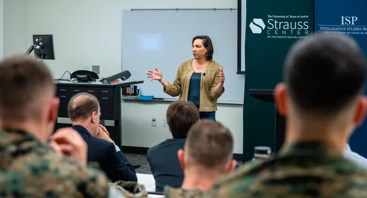 students listening to a speaker at the LBJ School