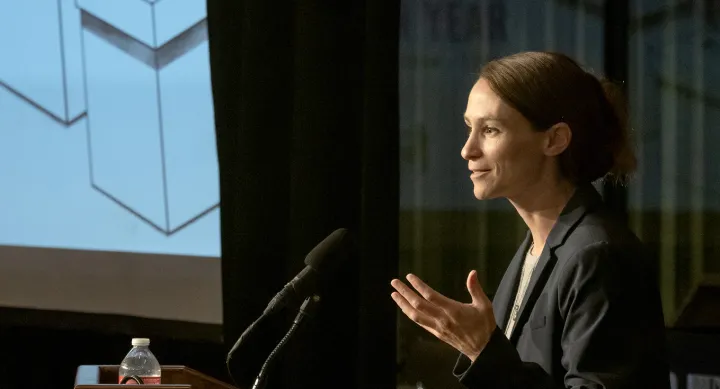 Sheena Chestnut Greitens addressing the LBJ Library Future Forum crowd in April.