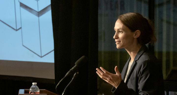 Sheena Chestnut Greitens addressing the LBJ Library Future Forum crowd in April.