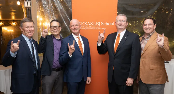 LBJ School Dean JR DeShazo, center, with faculty members Admiral Joseph Maguire, Paul Von Hippel, Paul Pope and Michael Webber LBJ School Dean JR DeShazo, center, with faculty members Admiral Joseph Maguire, Paul Von Hippel, Paul Pope and Michael Webber