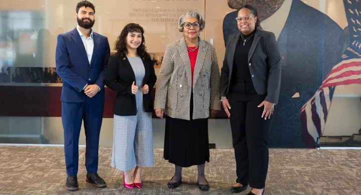 BJNF 2025 Chairs Keynote BJNF 2025 student chairs standing in front of LBJ glass with State Rep Senfronia Thompson