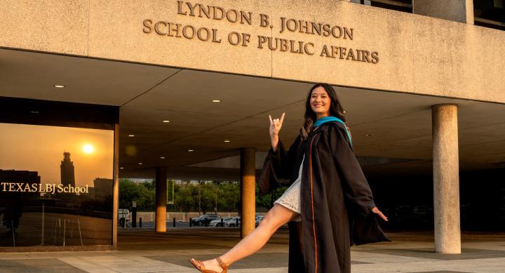 Floridell Berry, upcoming LBJ grad, in front of the LBJ School