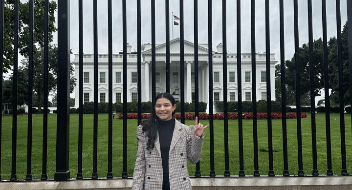 LBJ student Adriana Hernández Sánchez in DC for the Patman Center Maymester in front of White House