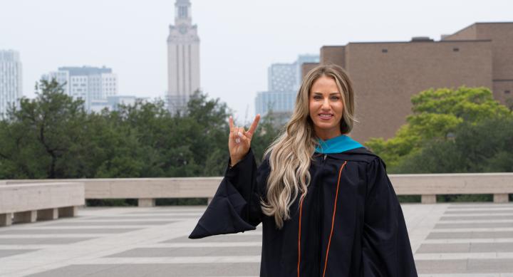 LBJ EMPL Graduate Danielle Thompson in front of Tower