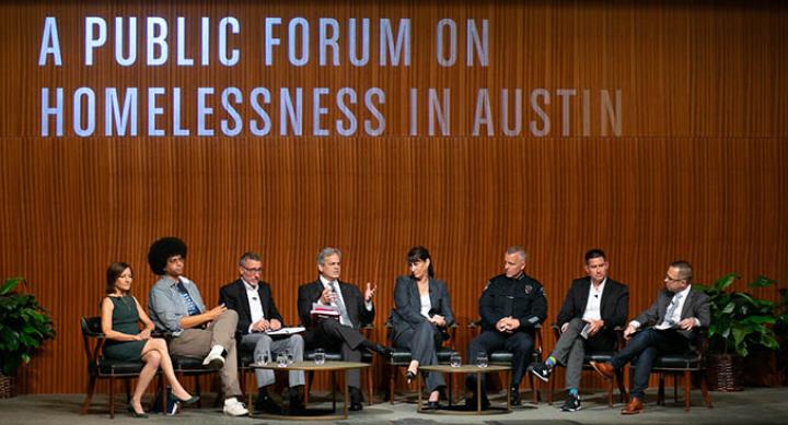 The panel at the Public Forum on Homelessness in Austin in the LBJ Auditorium on Aug. 29, 2019