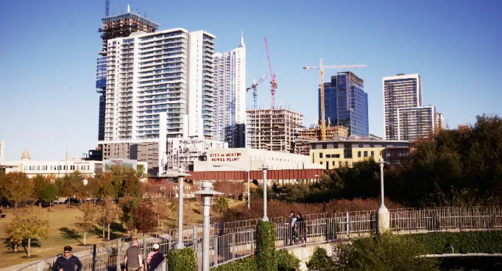 Downtown Austin skyline with construction cranes