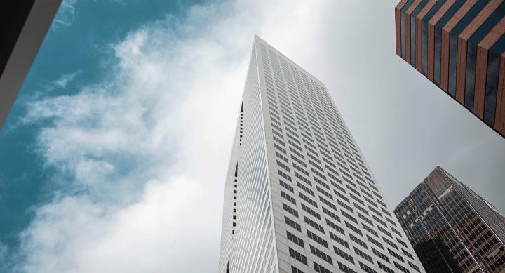 View skyward toward the top of skyscrapers — credit Benjamin Rauls, Unsplash