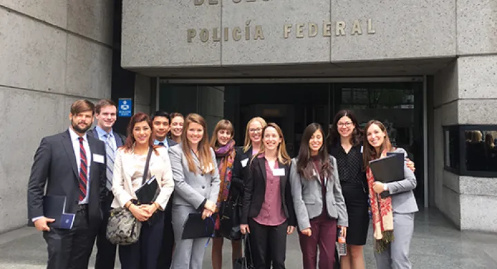 LBJ StudentsA group of LBJ students in Mexico City at Mexico's National Security Commission with Stephanie Leutert (fourth from right) as part of a policy research project focused on issues surrounding drug trafficking and cartel violence.