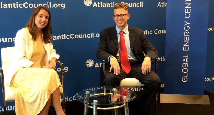 LBJ Alumna Ellen Scholl and Professor Josh Busby at the Atlantic Council in Washington, DC.