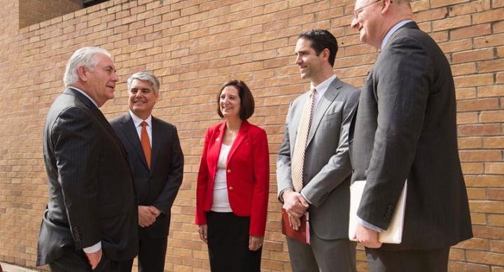 UT President Greg Fenves and LBJ School faculty welcome Secretary of State Rex Tillerson to campus