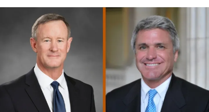 Admiral William McRaven in a dark suit next to Congressman McCaul, also in a dark suit